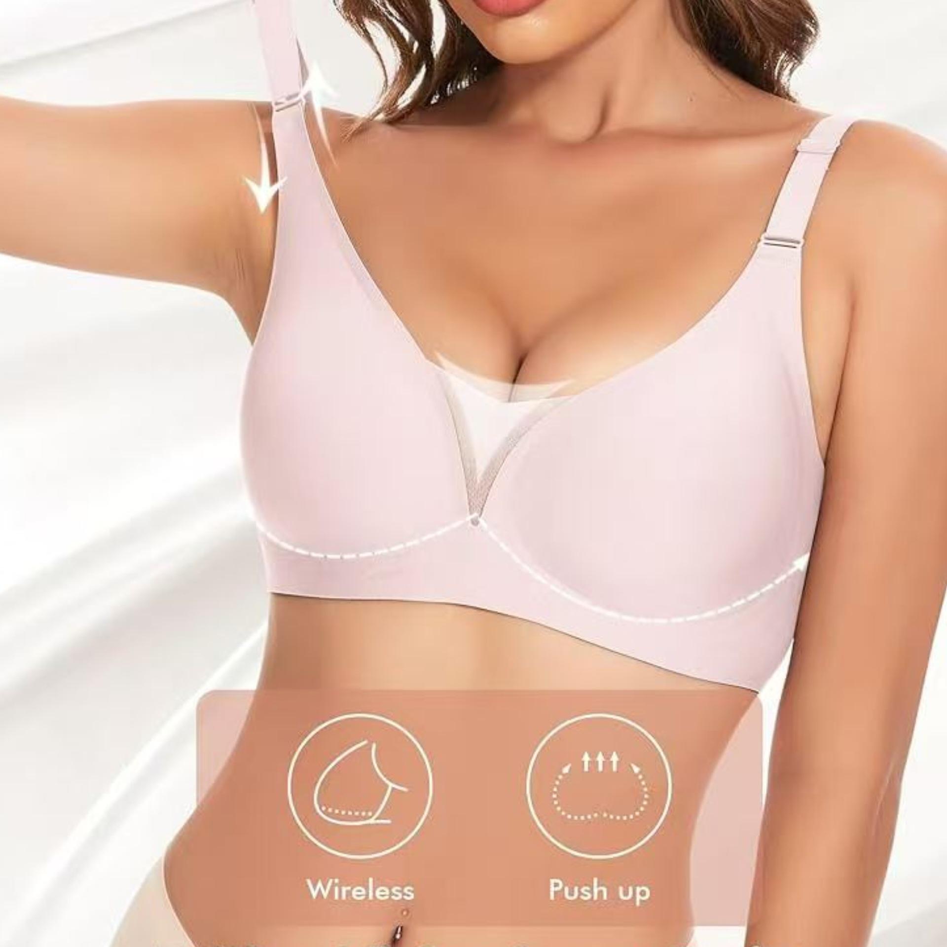 

Европа Большой Размер Бесшовный Глубокий V Push-up Беспроводной Бюстгальтер XL розовый