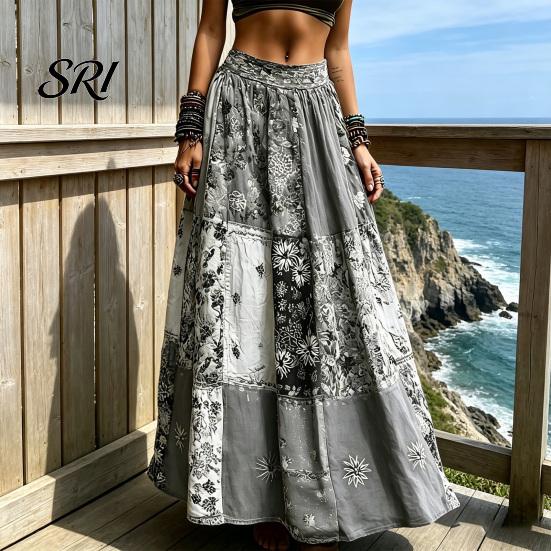 Long Skirt Maxi High Waisted 3D Floral Print Large Hem Lightweight Bohemia Style Summer Slimming Work Leisure Daily Wear Boho