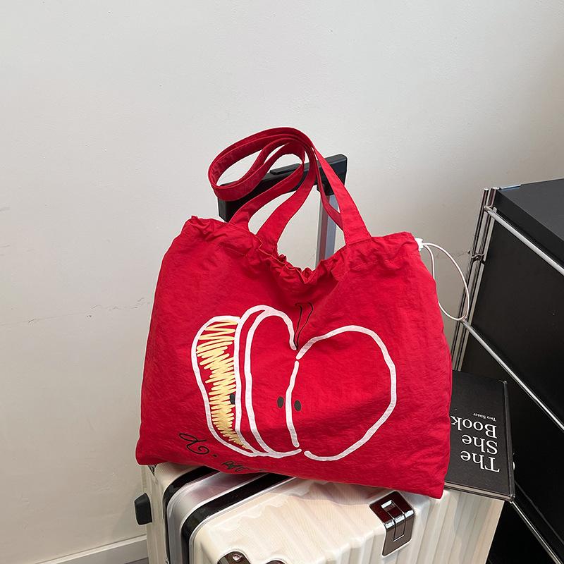 2025 Summer New Drawstring Canvas Bag Student Light Commute Versatile Shoulder Bag Niche Large Capacity Simple