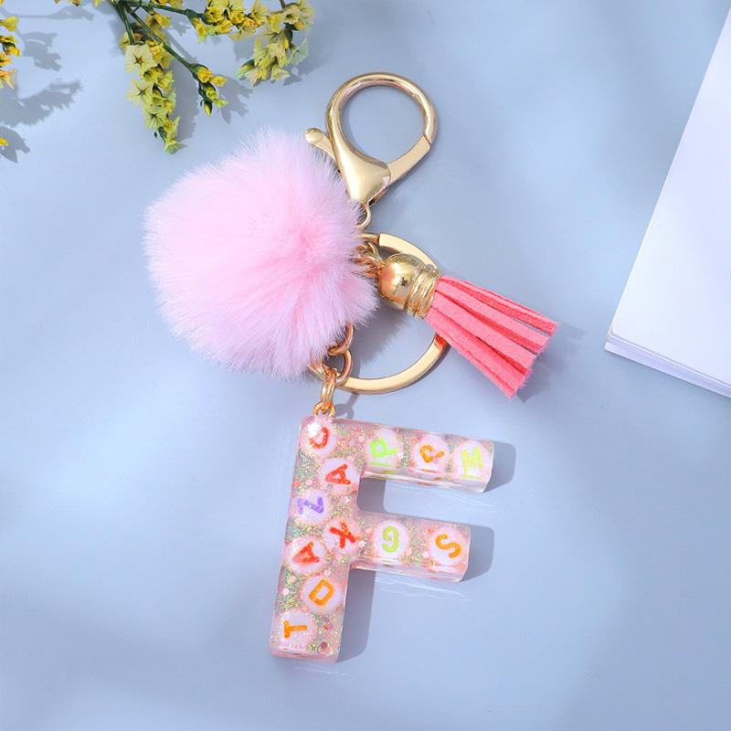 1PC Keyring Key Accessory Letter Filled Colourful Initial Pendant With Fluffy Keychain Glitter Tassel Charms For  Bags Backpacks