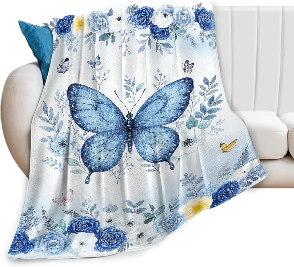 Butterfly Blanket Blue Butterflies Fleece Throw Blanket Soft Cozy Fuzzy Plush Warm Stuff Beautiful Butterfly Bedding Blankets