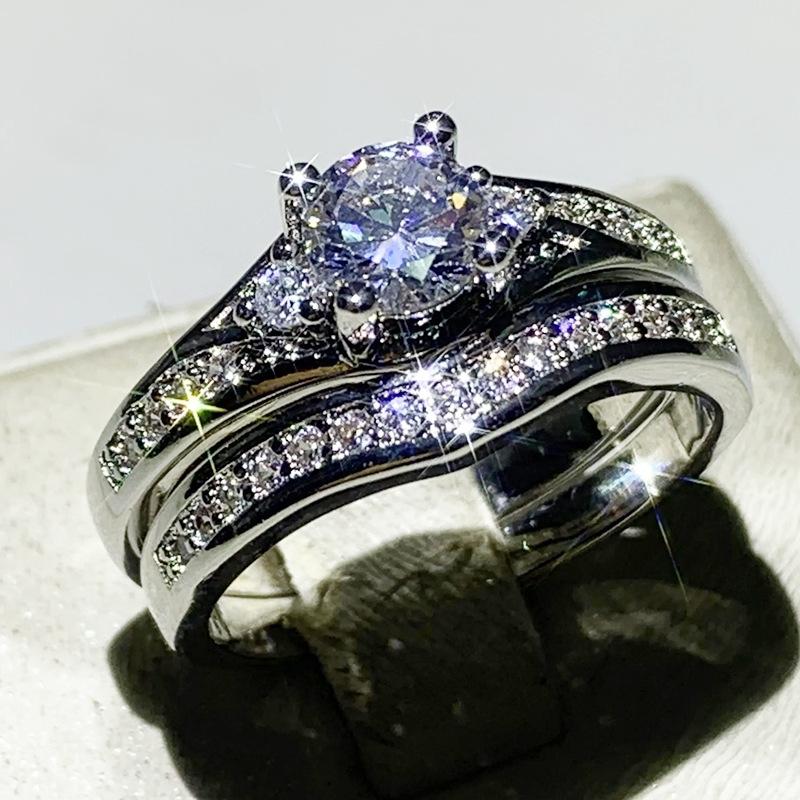 2Pcs Set Luxury Women Rings Wedding Engagement Accessories Cubic Zirconia Modern Fashionable Female Party Jewelry