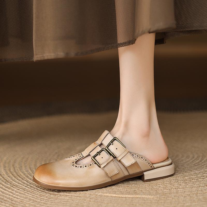 Fashion New Fashion Sandal Women Pumps Shoes Sexy Slingback Heels Retro Leather Party Casual Summer Round Toe Shoes Mueller Slippers