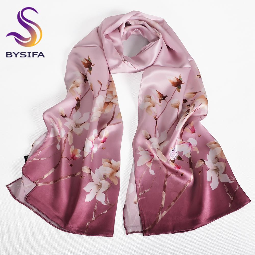 BYSIFA|Fall Winter Pink Silk Scarf Hijab Elegant Magnolia Long Scarves Shawls Fashion Accessories Brand Head Neck Scarves Wraps