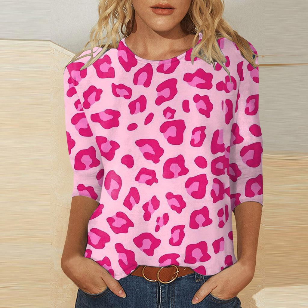 Women's Fashion Casual Three Quarter Sleeve Valentine's Day Printed Round Neck Pullover Top Blouse