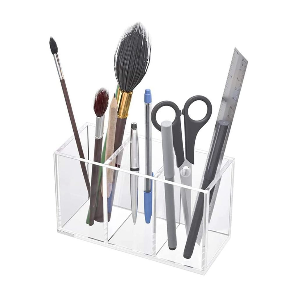 3-Slot Acrylic Makeup Brush Organizer - Transparent Cosmetic Storage Tray for Bathroom Drawer & Vanity Countertop