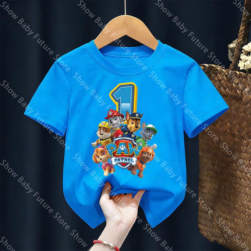New Cartoon Summer T Shirt Paws Patrols Birthday Number Clothes for Boys Girls Cute Tops Fashion Kawaii Breathable Short Sleeve
