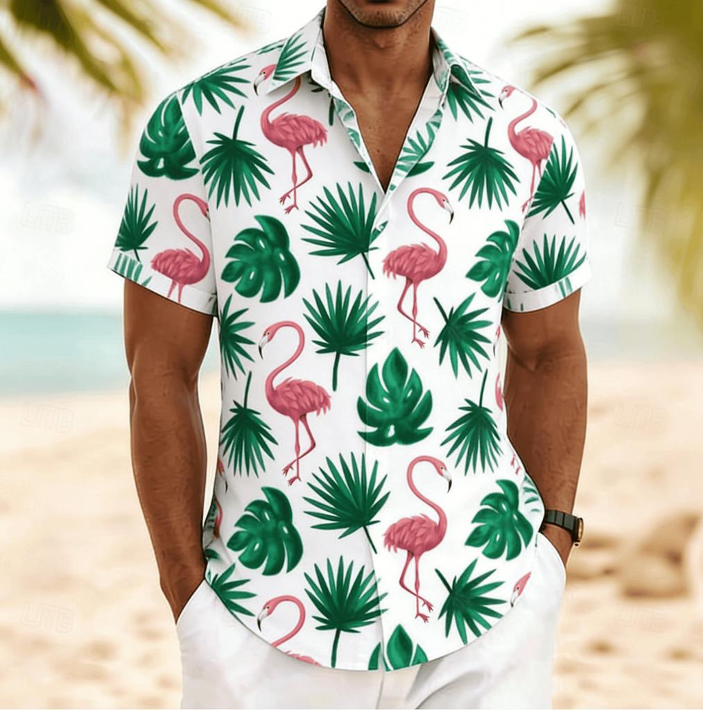 Men's Flamingo Tropical Monstera Palm Leaf Print Short Sleeve Shirt, Spring Summer Hawaiian Vacation Blouse, Loose Casual Top