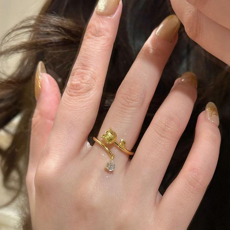 Ancient Gold Crafts Brushed Lily of the Valley Rings for Women Tassel Inlaid Diamonds Water Drop Diamond Female Ring Adjustable