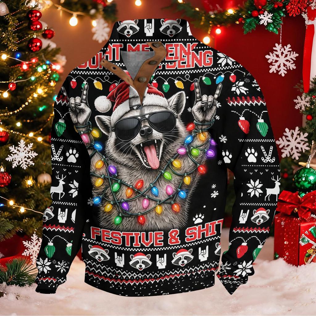 Men's Funny Novelty Christmas Print Button Pullover Hoodie Sweatshirt for Holiday Party