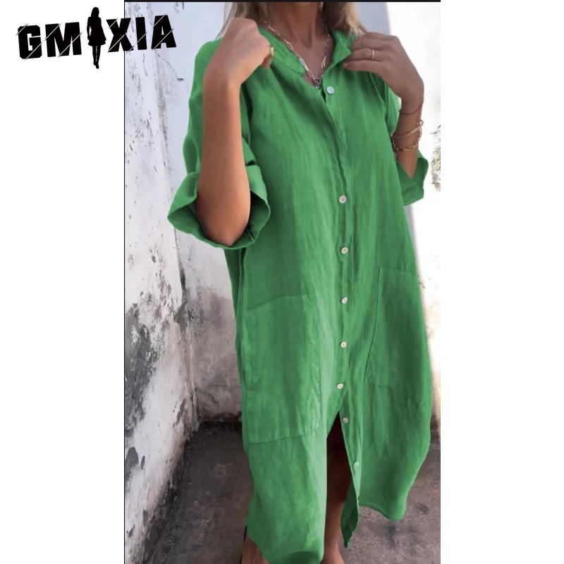 GMXIA Women's Fashion Summer Spring Solid Color Print POLO Neck High Waist Casual Dresses