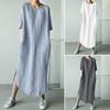 Women Round Neck Short Sleeve Linen Maxi Dress Side Slit Pocket Loose Solid Color Casual Summer Vacation Long Sundress