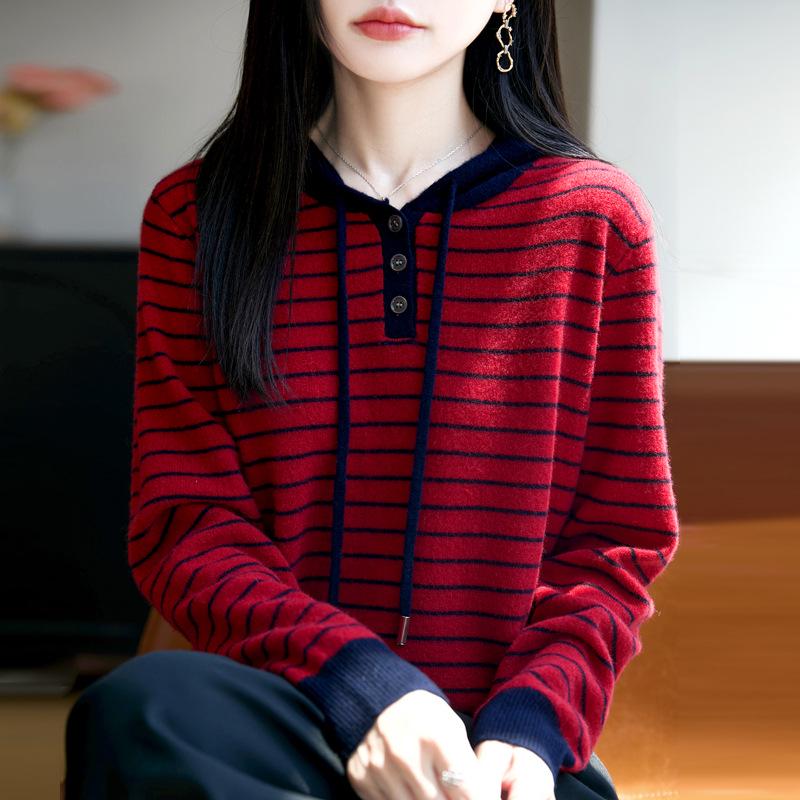 Damski sweter z kapturem ze 100% czystej wełny - Nowy luźny fason dzianinowy jesienno-zimowy