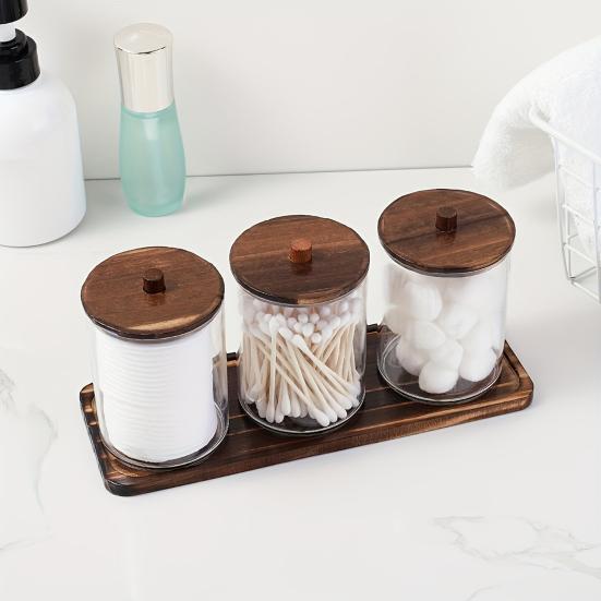 3Pcs/Set Cotton Swab Storage Box Transparent Cosmetic Cotton Case with Wood Lid Desktop Cotton