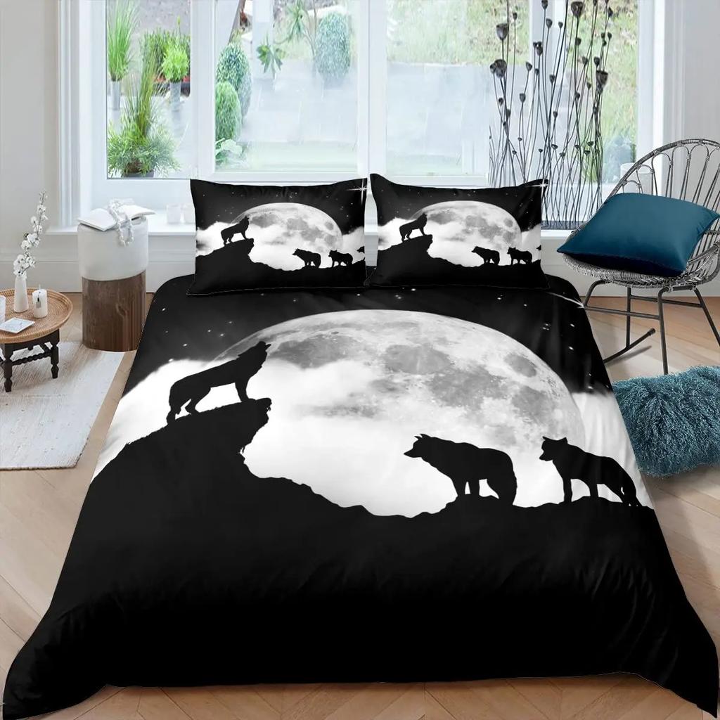 Black Wolf Moon Duvet Cover Set Wolf Howling Bedding Sets for Boys Vintage Oil Paint Wild Animal Bed Sets Purple Blue and Black