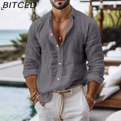 Camicia da uomo tinta unita in misto cotone e lino, stile casual, manica lunga, per il tempo libero e il lavoro.