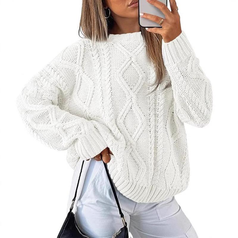Women Oversized Cable Knit Crewneck Sweater, Loose Long Sleeve Chunky Knit Pullover,Korean Style Solid Color Warm Jumper Tops for Casual Daily Outfits