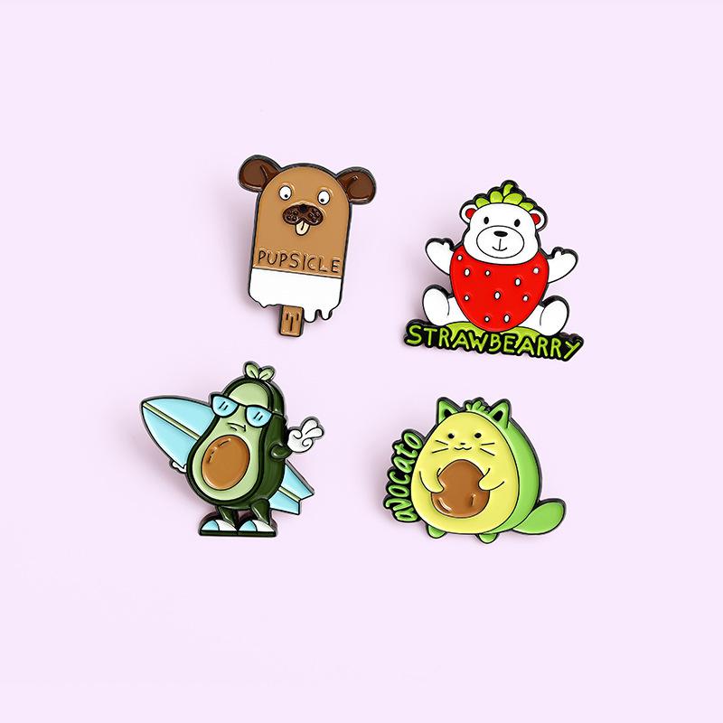 Cartoon Cute Stylish Strawberry Bear Dog Ice Cream Avocado Finished Alloy Badge Brooch For Creative Accessory Wearers