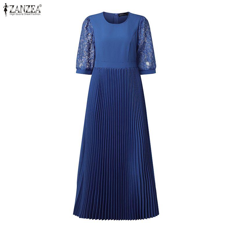 ZANZEA Women Casual Round Neck Lace Splice 3/4 Sleeve Long Dress
