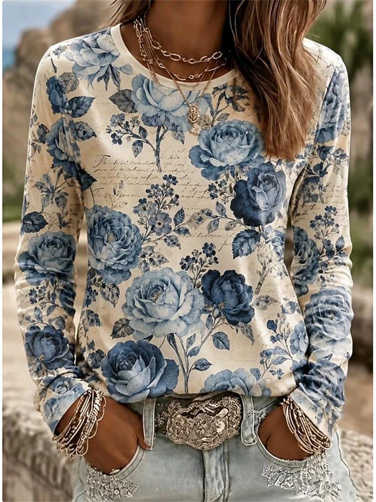 2026 Herbst Neues Damen Langarm Rundhals Lässiges T-Shirt mit Buntem Blumendruck Pflanzenelementen Outdoor Chic Top