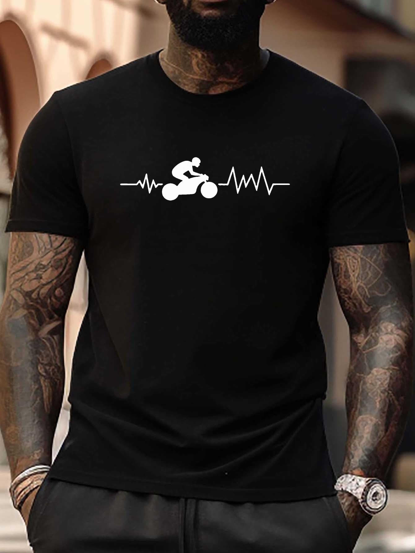 Motorcycle Heartbeat Passion Plus Size T-shirt - Geometric Motorcycle Rider & Heartbeat Graphic Print S