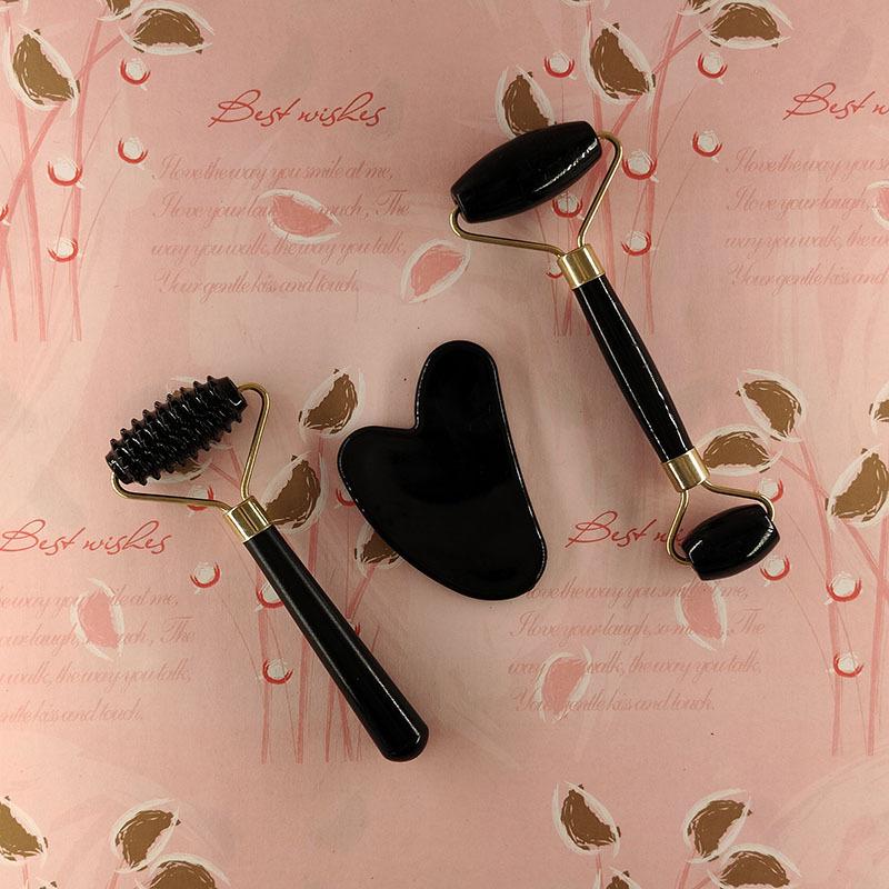 3-Piece Set: Imitation Jade & Rose Quartz Gua Sha Boards with Spiky Roller Facial Massager