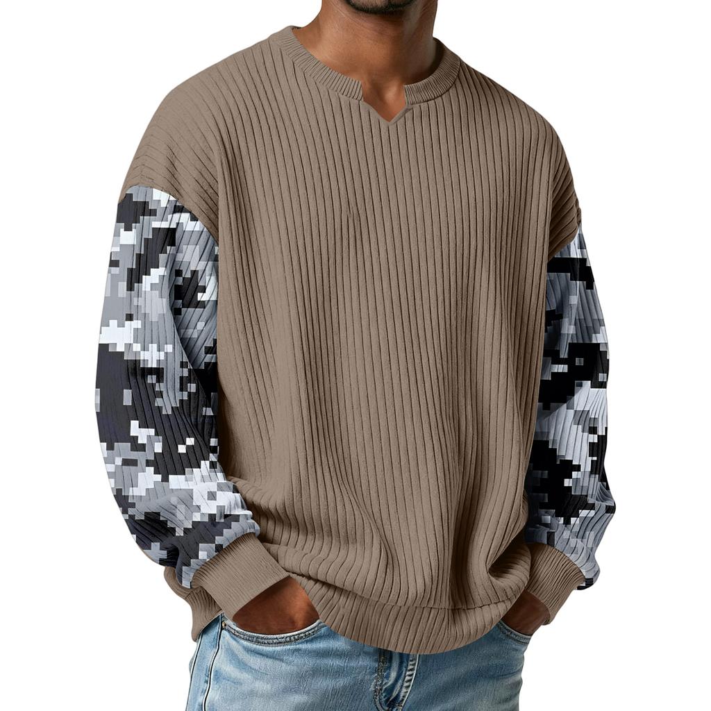 Men's Camouflage Stylish V-Neck Ribbed Textured Long-Sleeve T-Shirt