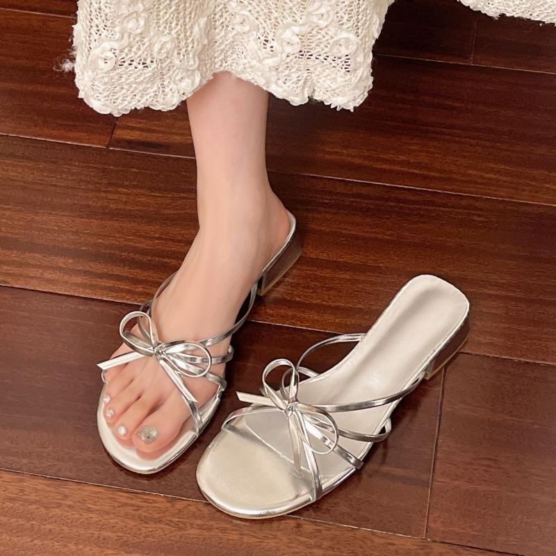 Summer Spring Female Slides Ladies Low Heel Slippers Shoes Fashion Butterfly-Knot Women Heeled Slippers Sandals Shoes