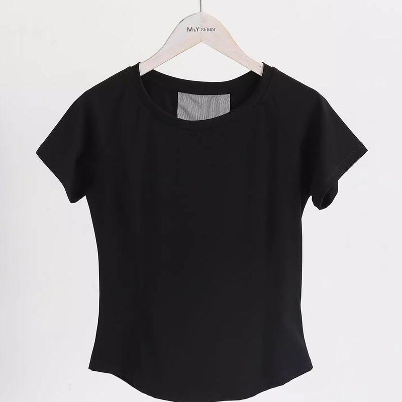 

Lulu Same Style Nude Feel Mesh Patchwork Yoga Short sleeve Sports T-shirt round Neck Workout Clothes Tight Quick-Drying Tennis Suit Black S (recommended weight within 50.00kg)