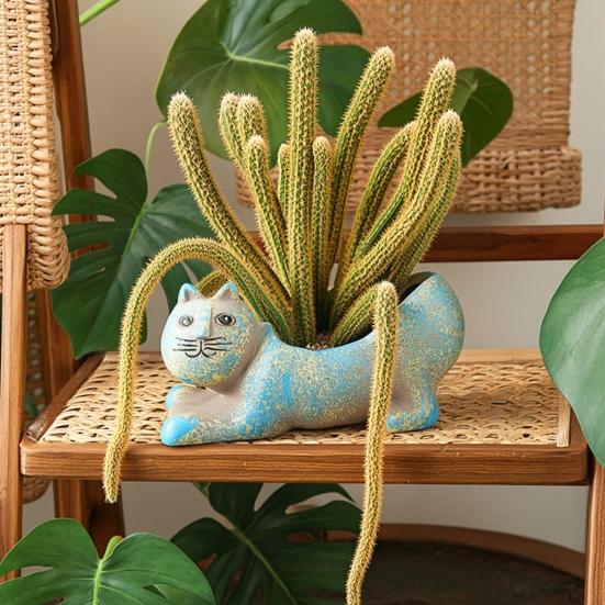 Handgefertigter Retro-Stil Topf Keramik Katze Pflanzgefäß, Niedliche Kätzchen Blume mit Drainageloch, Kaktus Dekorative Pflanze für Sukkulenten Innen Tischregal