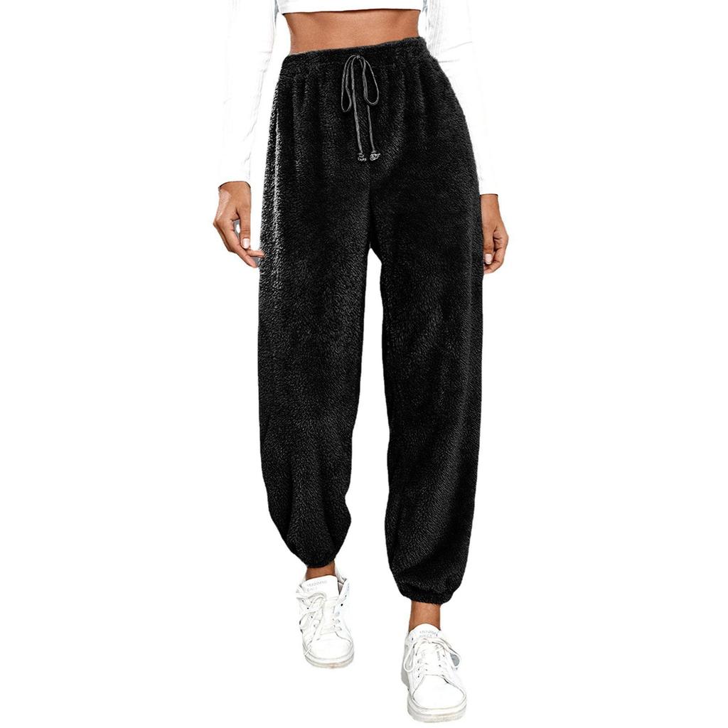 Women's Fashionable Relaxed-Fit Trousers Sporty Fleece-Lined Solid-Colour Cuffed Trousers
