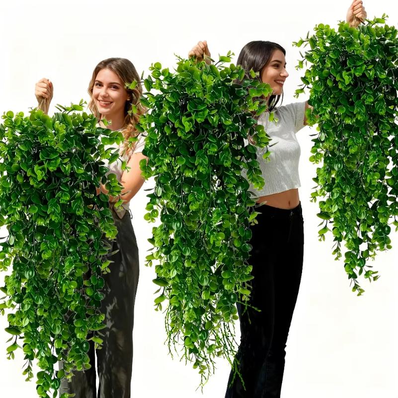 4PC Artificial Hanging Plants Faux Eucalyptus Leaf Greenery Vine Outdoor UV Resistant Plastic Plants for DIY Home Wedding Decor
