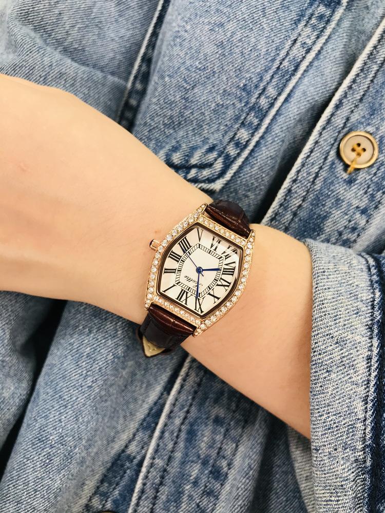 Barrel-Shaped Simple Watch Women'S Fashion Diamond-Encrusted Roman Face Leather Waterproof Women'S Watch