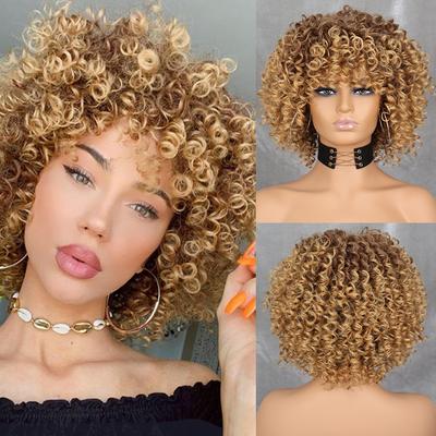 Curly Afro Blonde Wig With Bangs Shoulder Length Wigs Afro Kinkys Wigs Synthetic Curly Full Wig For Black Women