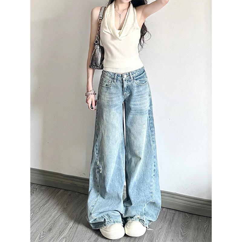 

Korean High Waist Ripped Wide-Leg Jeans - Women s Fashion, Washed, Loose, Slimming, Versatile Floor-Length Pants Extra Small синий