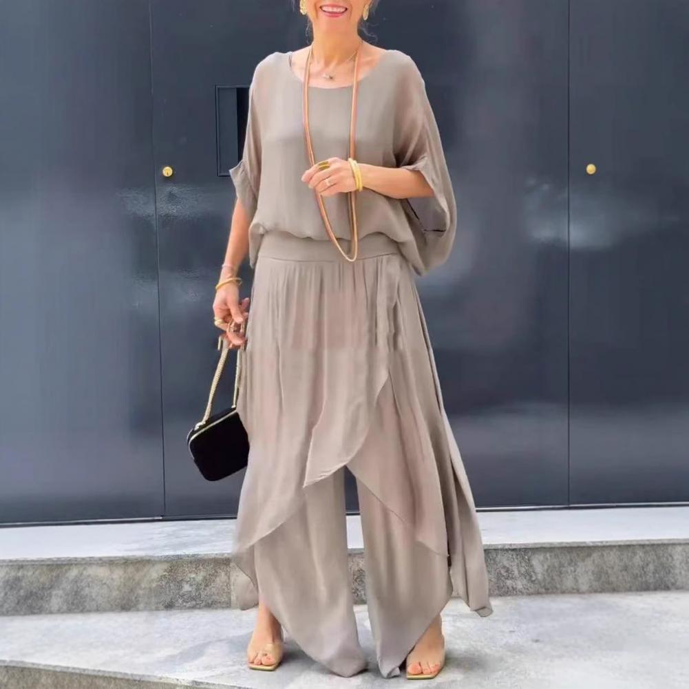 Women Chiffon Top Pants Set Spring Summer Casual Two Piece Crew Neck Top Wide Leg Pant Flowy Wedding Guest Outfit