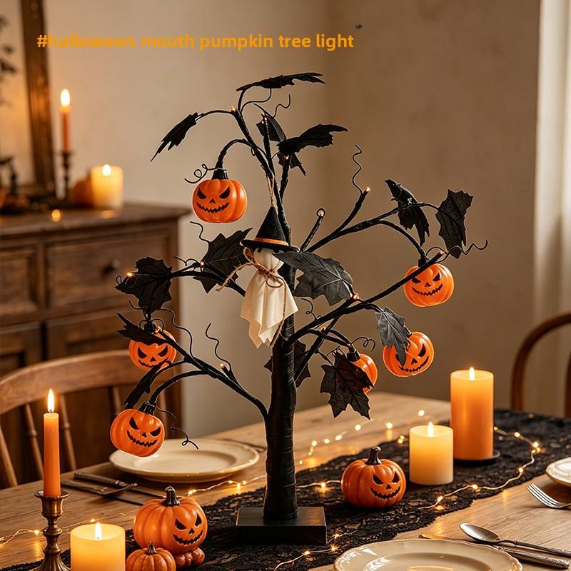 1Pcs 60cm Halloween LED Table Tree Light Black Spooky Tree Lamp Pumpkin Eyeball Ornament for Indoor Party Bedroom Tabletop Decor