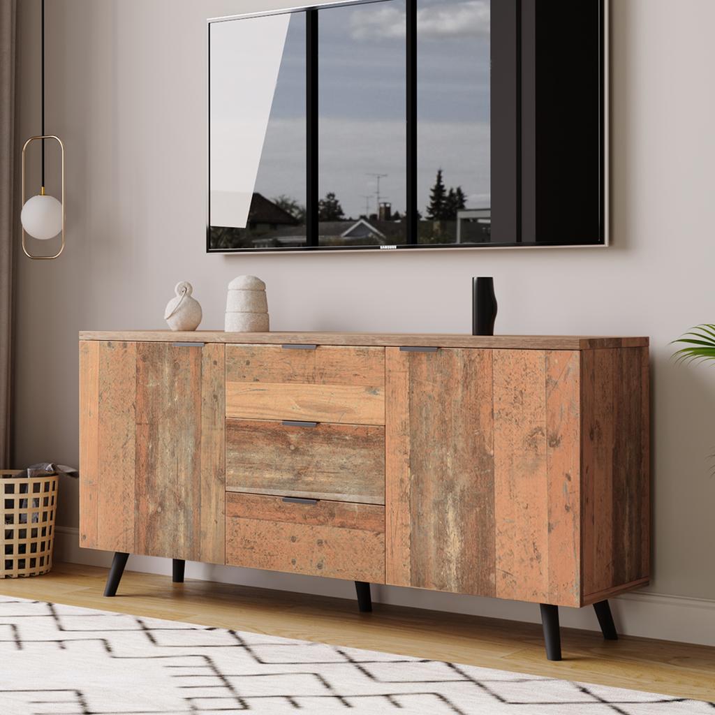 Sideboard TV Cabinet with Adjustable Shelves, Storage Cabinet, Three Drawers, for Living Room, Dining Room, Bedroom, Vintage, Brown, 140cm