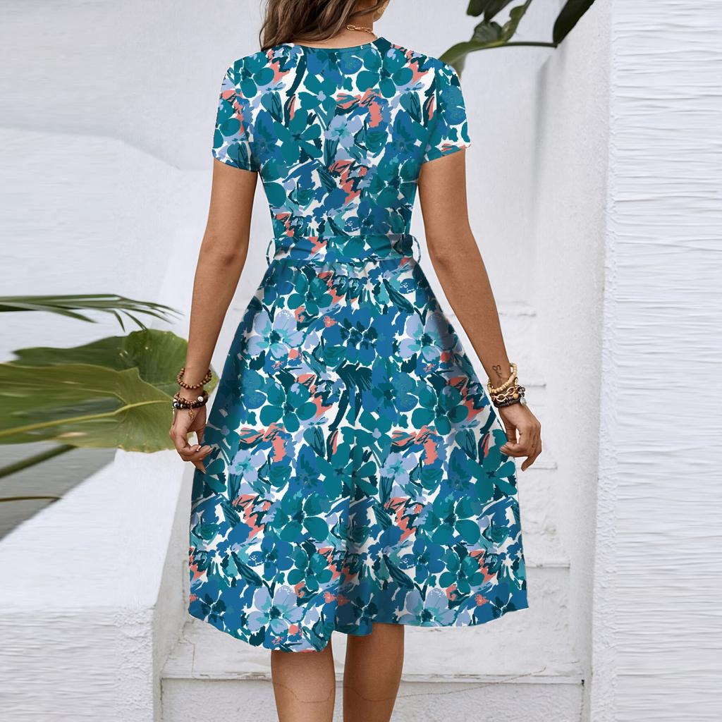Women's Spring And Summer Casual Round Neck Short Sleeve Waist Floral Print Midi Dress