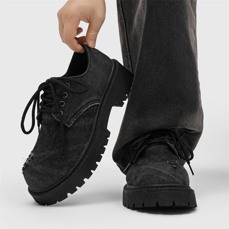 Herren Distressed Denim Derby Schuhe Chunky Grunge Plateau Stiefel Avantgarde Klobige Zehen Nische Streetwear Schuhe für Trendige Jugend