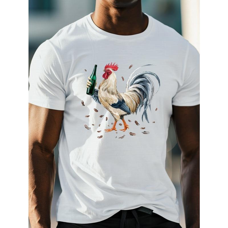 Men'S Casual Crew Neck T-Shirt with Vibrant Rooster & Green Bottle Print, Slight Stretch, Regular Fit, Lightweight Summer Top