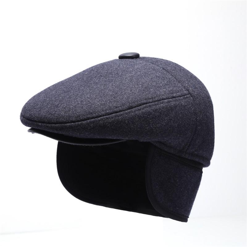 1 Pc Warm Winter Caps for Men Solid Black Grey Ivy Newsboy Flat Cap Male 5 Panels Beret Hat with Ear Flaps Bere