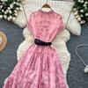 Kobiety Różowa Długa Sukienka Letnia Francuska Retro Krótki Rękaw Drukowane Sukienki Imprezowe Damskie Wąskie A-line Elegancka Długa Suknia Vestidos