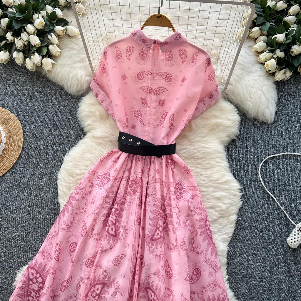 Kobiety Różowa Długa Sukienka Letnia Francuska Retro Krótki Rękaw Drukowane Sukienki Imprezowe Damskie Wąskie A-line Elegancka Długa Suknia Vestidos