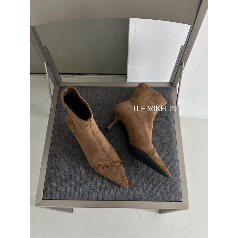 French pointed stitched short boots women's 2025 autumn sleeve elastic thin boots thin heel temperament fashion boots and ankle boots