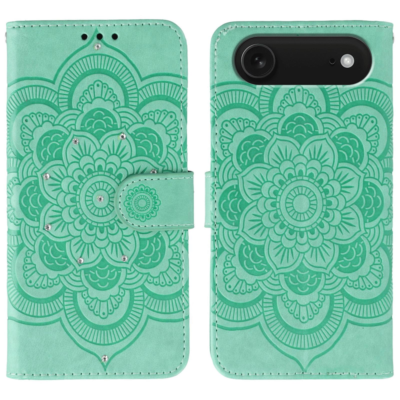 

For iPhone 17 Air Case Rhinestone Decor PU Leather Mandala Imprinted Design Phone Cover with Wrist Strap Green