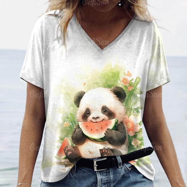 Oversize Women's Clothing Tshirt Cute Panda Woman Clothing Casual V-Neck Short Sleeve T-Shirts Pullover Trend Summer Streetwear