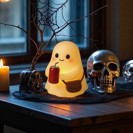 Cute Ghost Lamp Resin Ghost Holding Cup Night Light Halloween Desktop Decor for Bedroom Living Room Indoor Home Decor