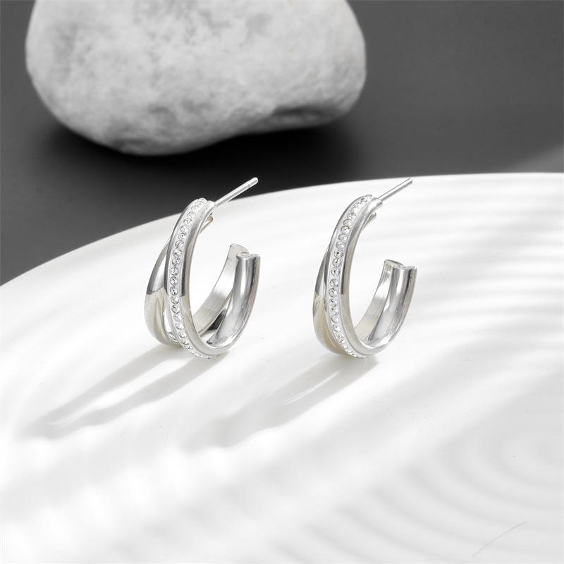 Elegant C-Shaped Titanium Steel Stud Earrings with Diamonds