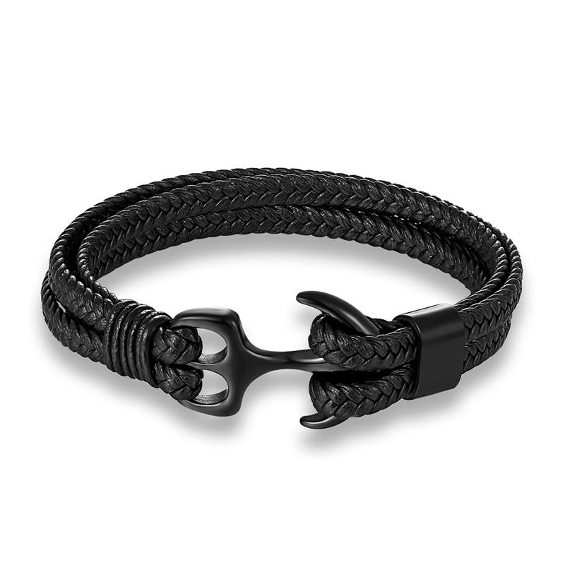 Leather Bracelet for Men Black Braid Multilayer Rope Chain Stainless Steel Anchor Male Jewelry Pulseras Gifts